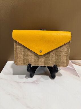 Ellen Degeneres Lyon Small bag, Yellow leather trim, tan fabric body